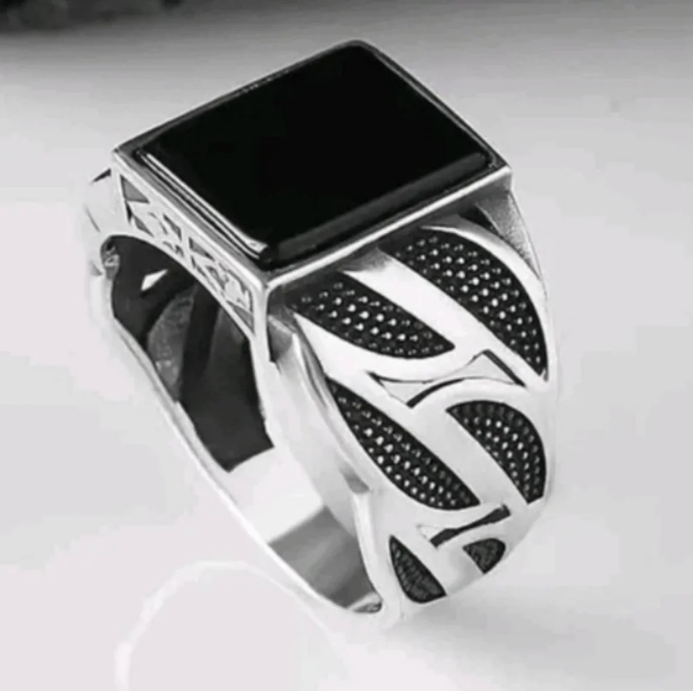 14k White gold Plated Over Sterling silver Turkish Gemstone Black Onyx Mens Ring